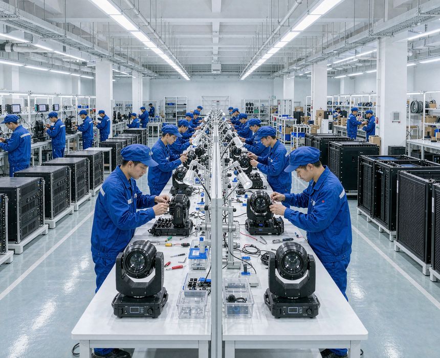 创视兴设备生产车间，工人组装灯具与音响设备